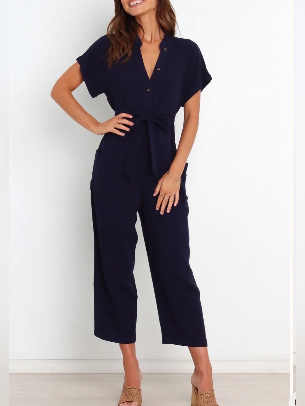 Petal & Pup Navy Short-Sleeve Tie-Waist Jumpsuit